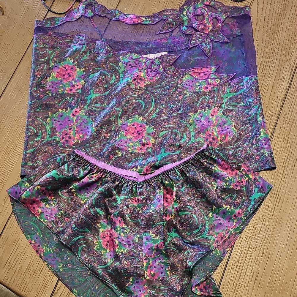Vintage Victoria's Secret Purple Floral Paisley Satin Camisole & Brief Set